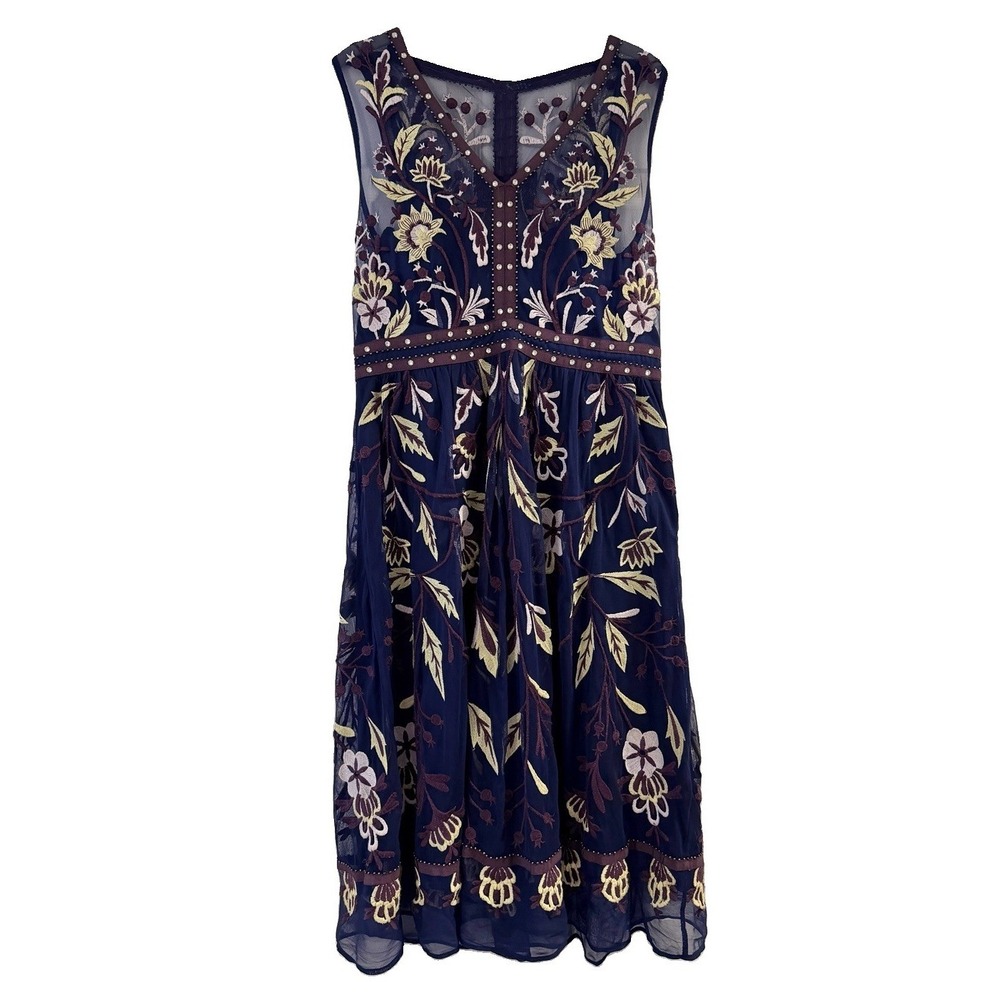Anthropologie Moulinette Soeurs Alicante Embroidered Tulle Navy Midi Dress Sz 6 - Picture 4 of 16